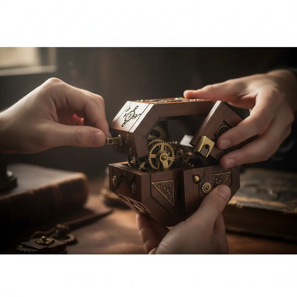 Hands solving a complex wooden puzzle