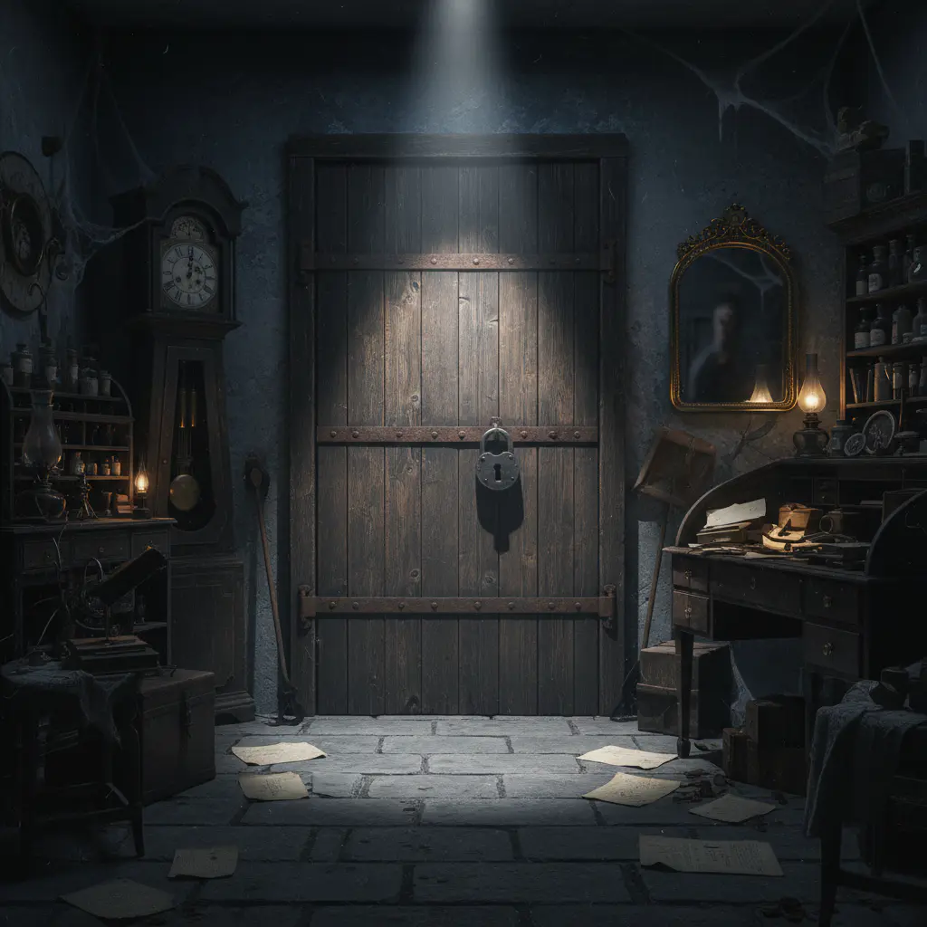 Atmospheric escape room interior with dramatic lighting