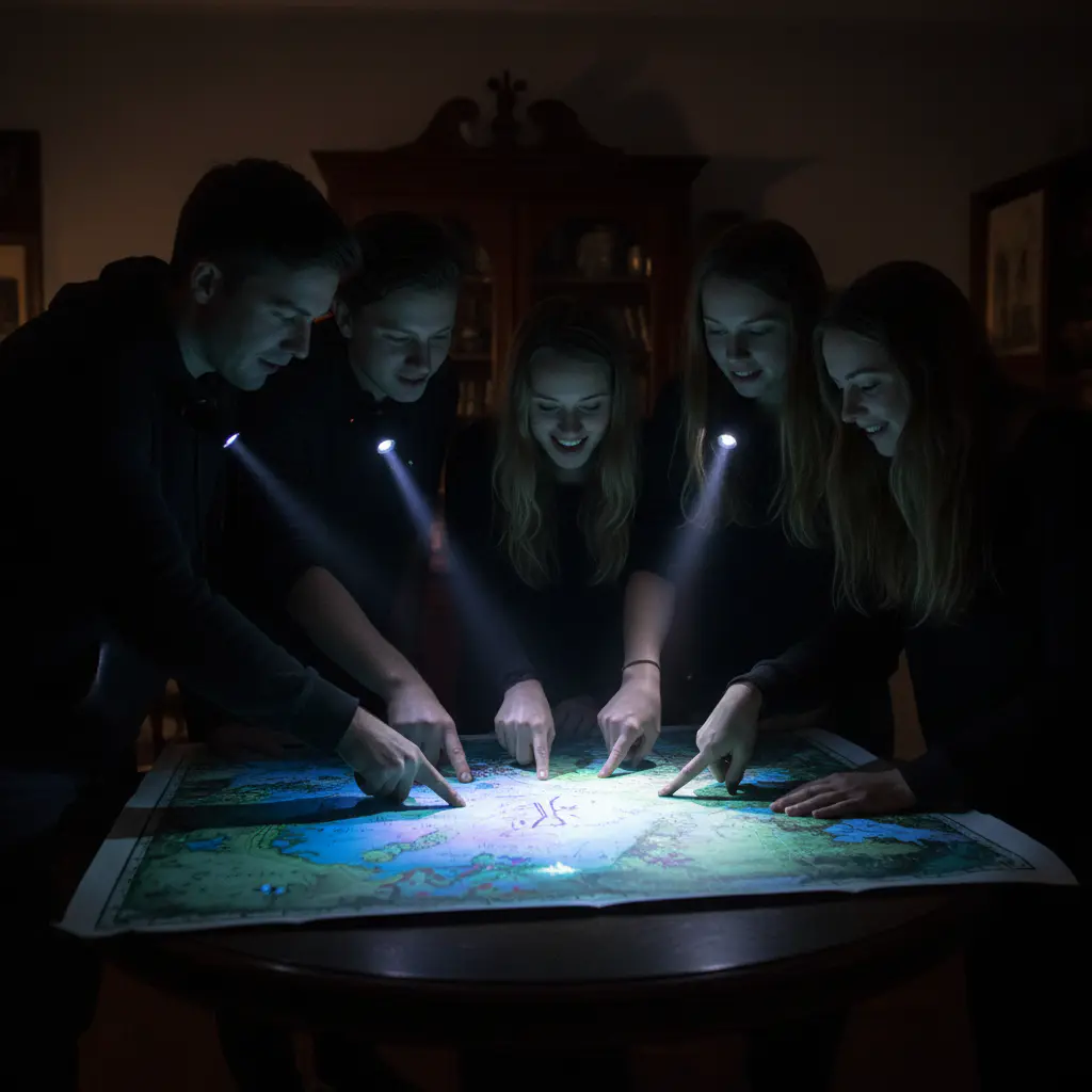 Group of friends pointing at a hidden map