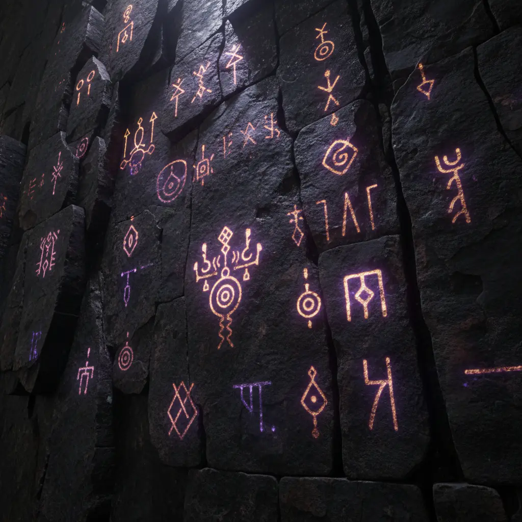 Glowing cryptic symbols on a wall